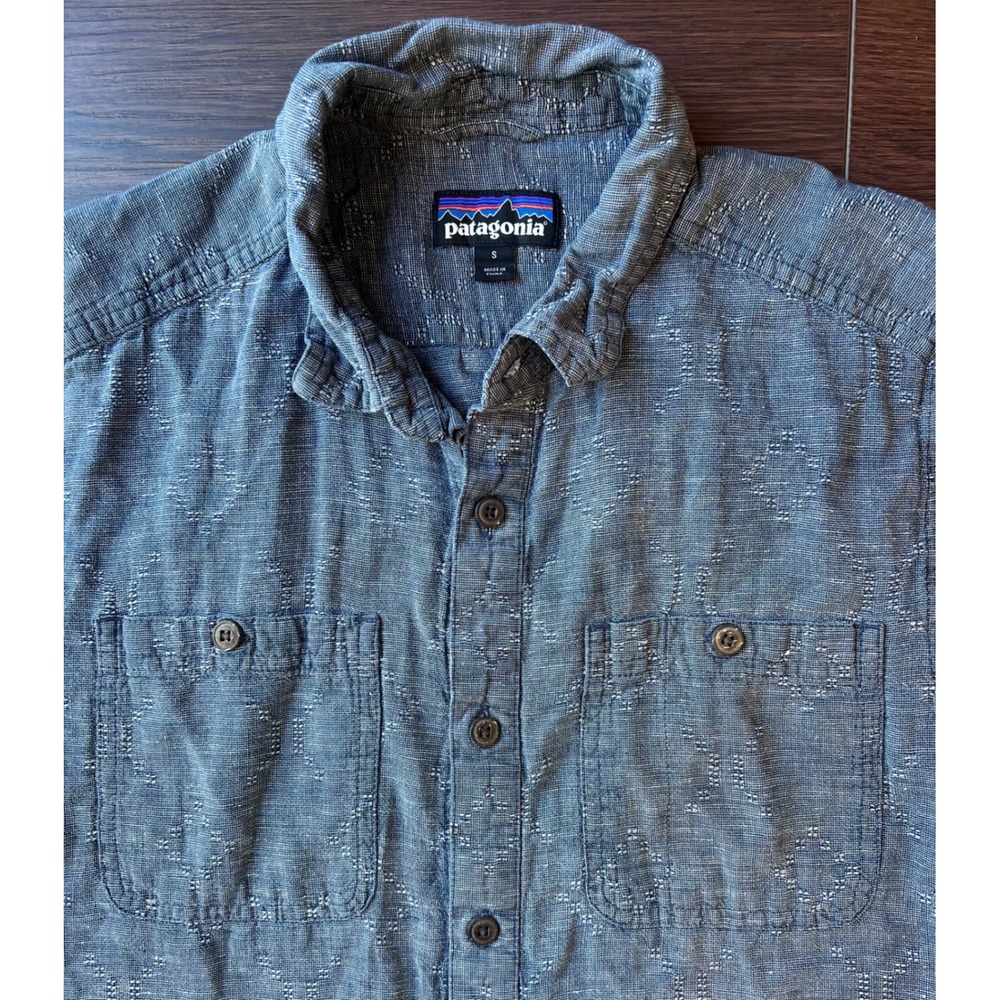 Patagonia Mens Small Blue Hemp Organic Cotton Short Sleeve Dobby Button Shirt - Picture 2 of 8
